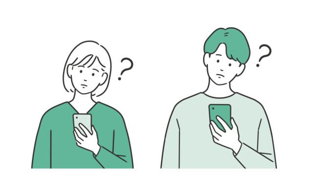 スマートフォンを持つ疑問の表情の男女のイラスト